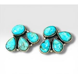 Native American Style Sterling Silver Turquoise Cluster Earrings Southwest Boho